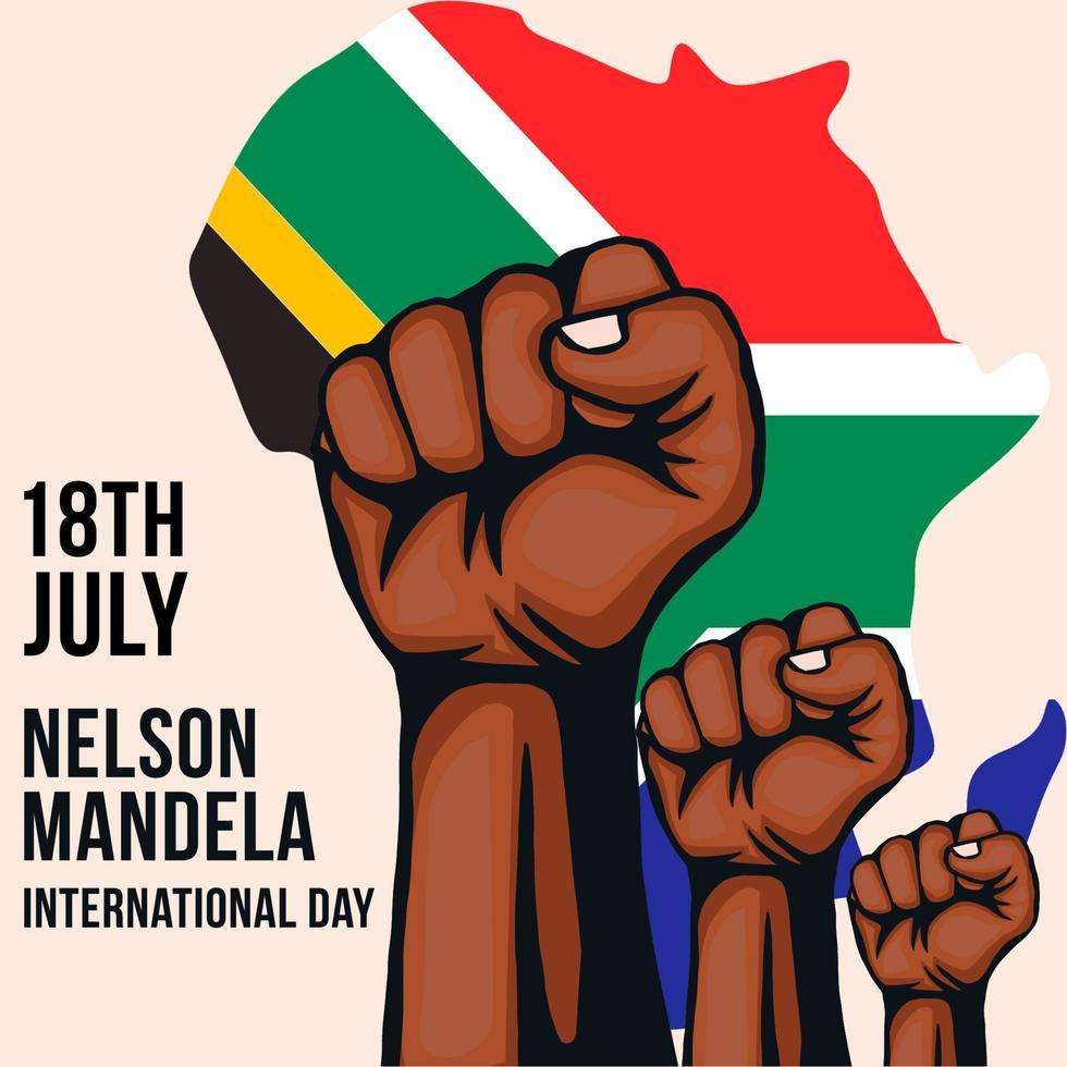 ilustración del día internacional de nelson mandela con las manos en el fondo de mapas de áfrica vector