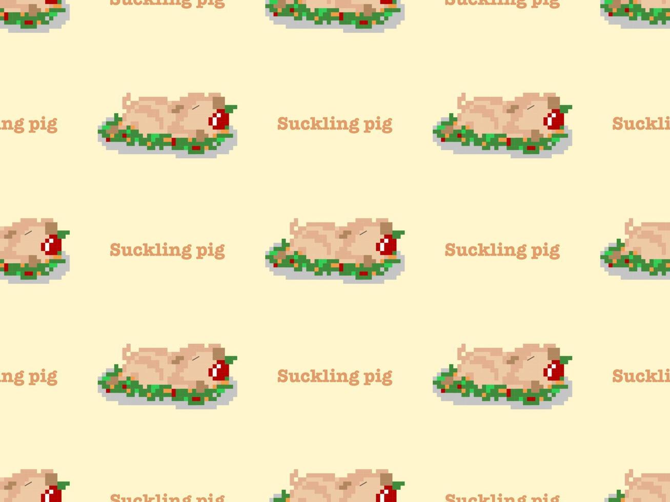 Suckling pig cartoon character seamless pattern on yellow background. Pixel style vector