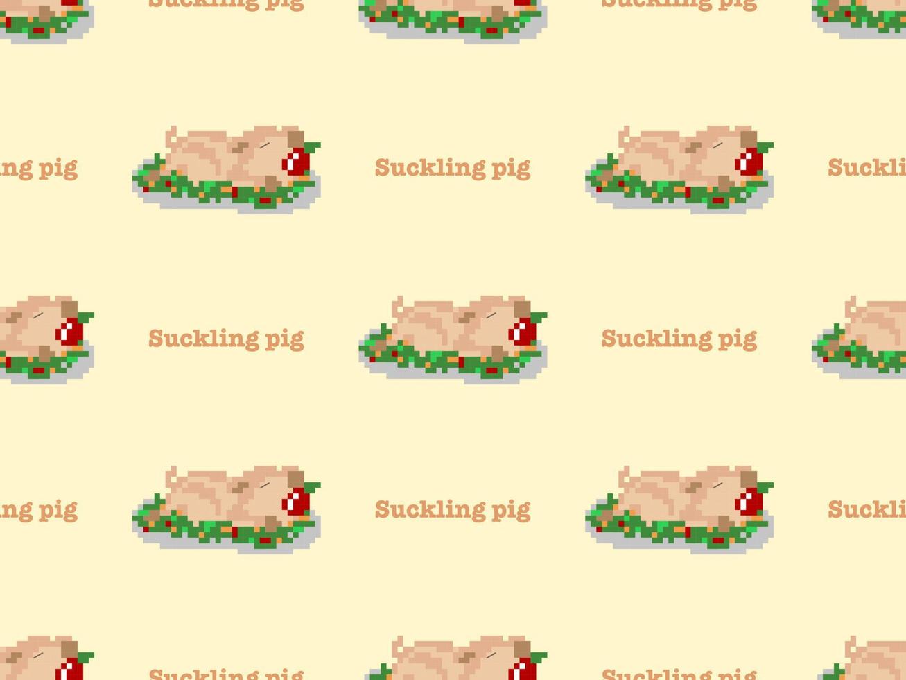 Suckling pig cartoon character seamless pattern on yellow background. Pixel style vector