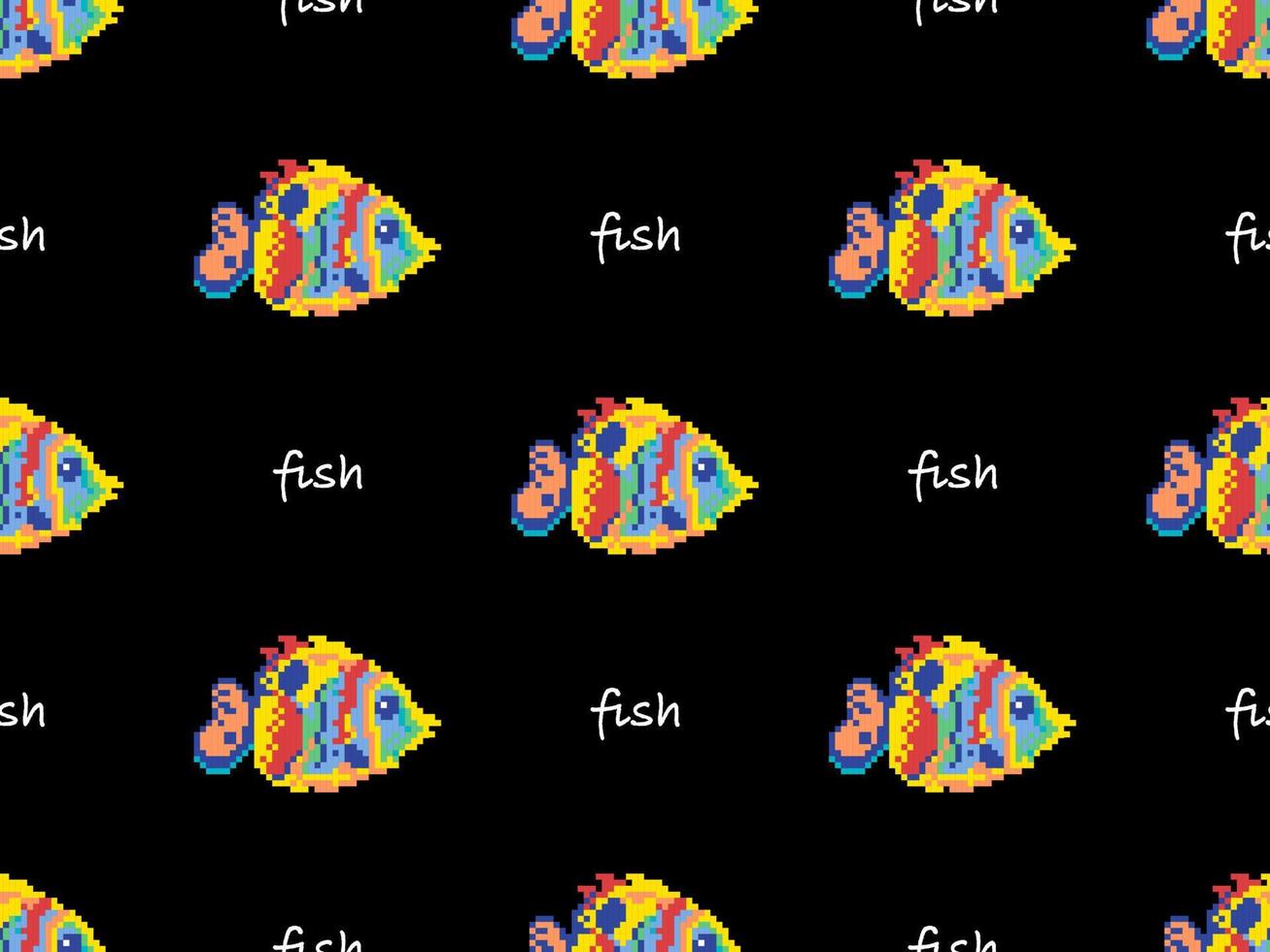 Fish cartoon character seamless pattern on black background. Pixel style vector
