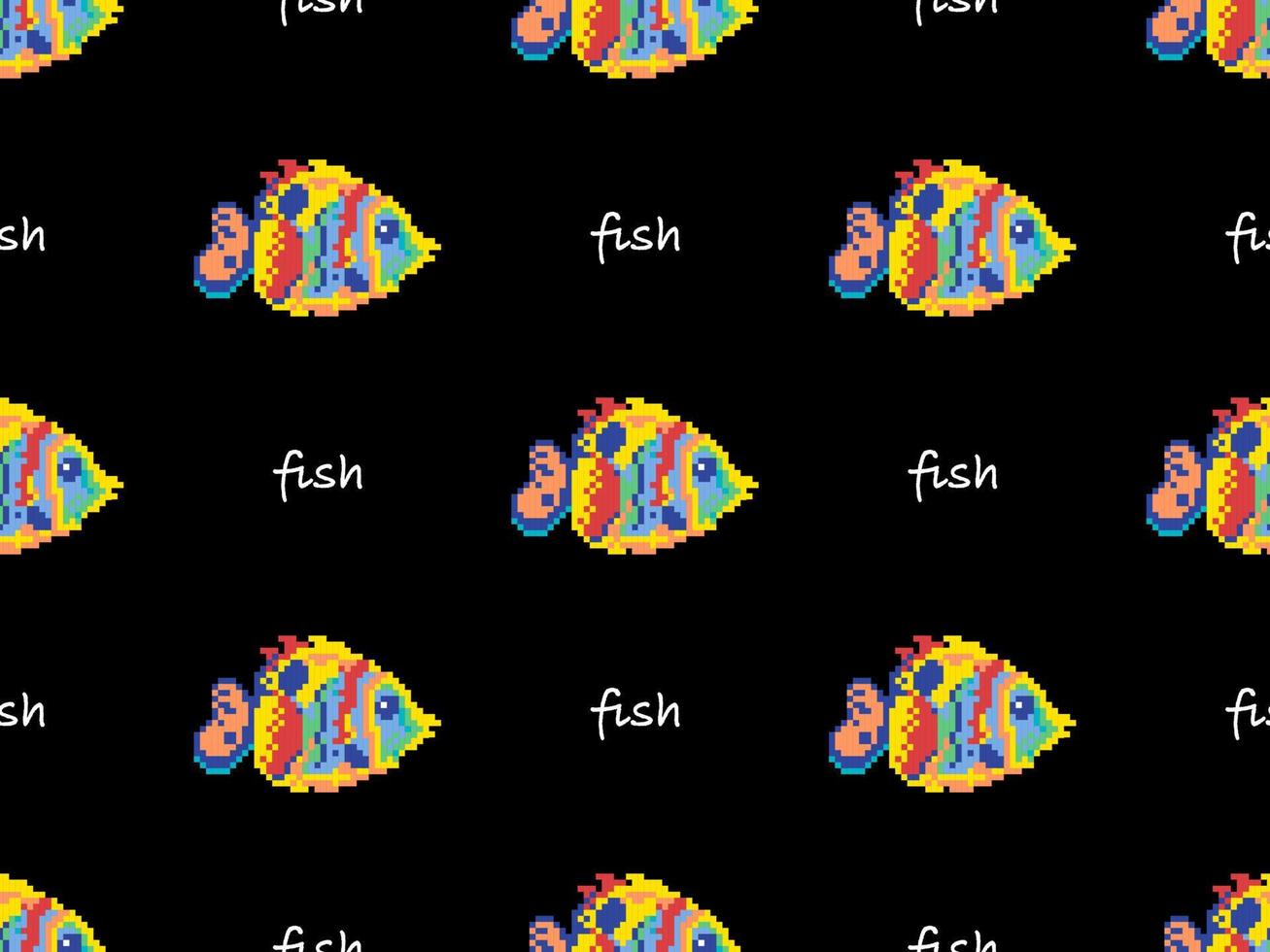 Fish cartoon character seamless pattern on black background. Pixel style vector