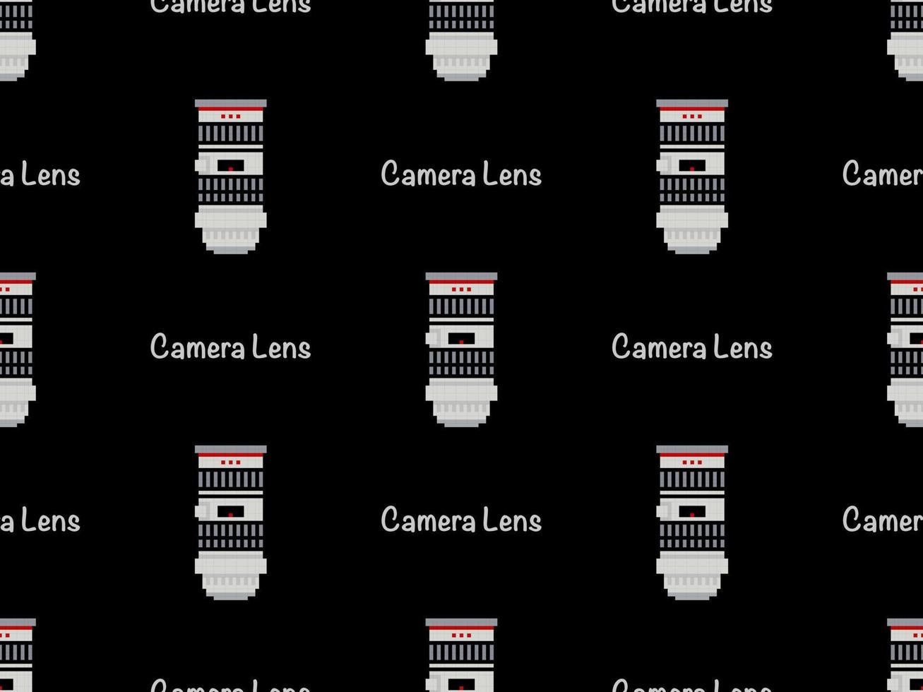 Camera lens cartoon character seamless pattern on black background. Pixel style vector