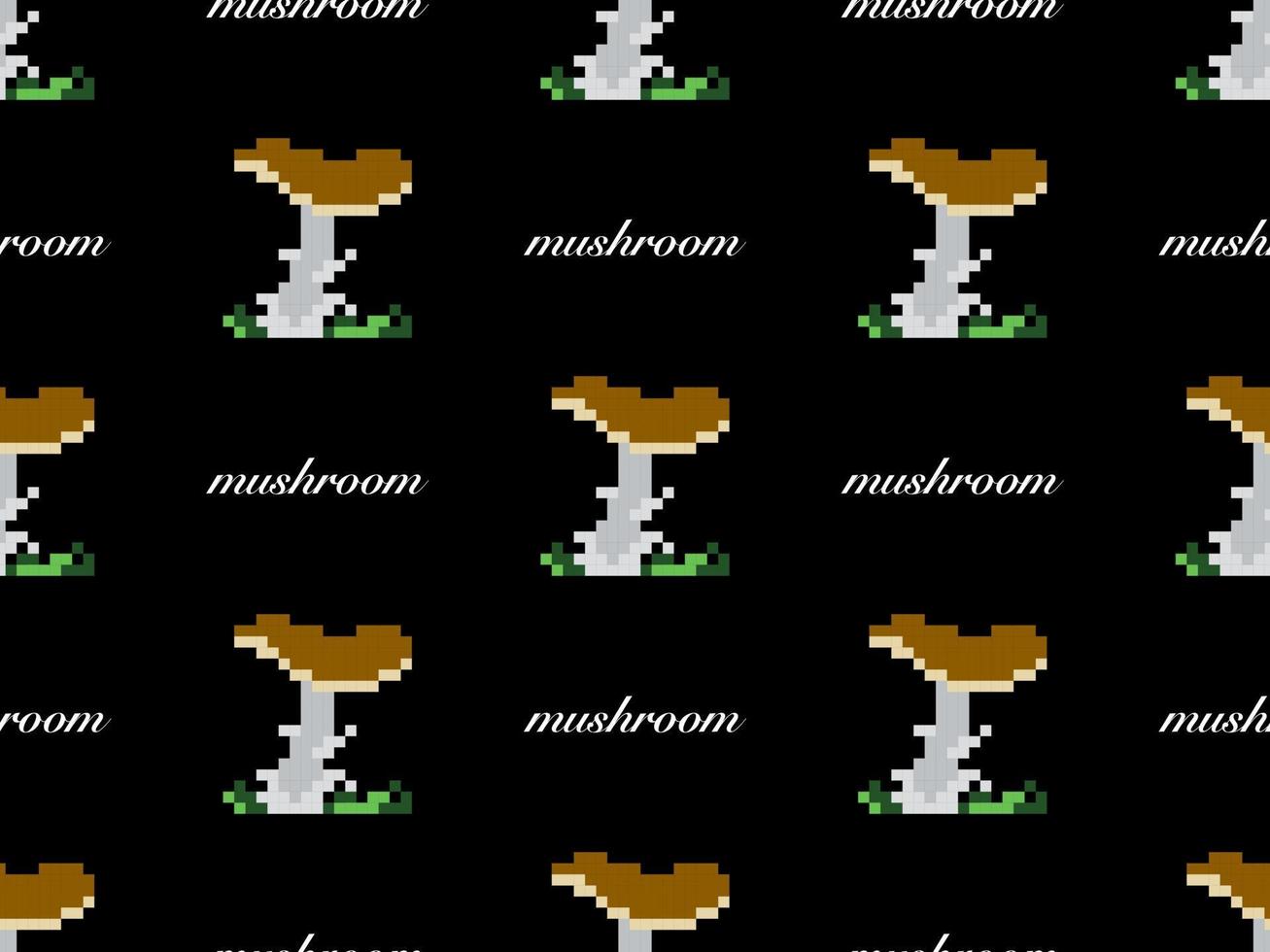 Mushroom cartoon character seamless pattern on black background. Pixel style vector