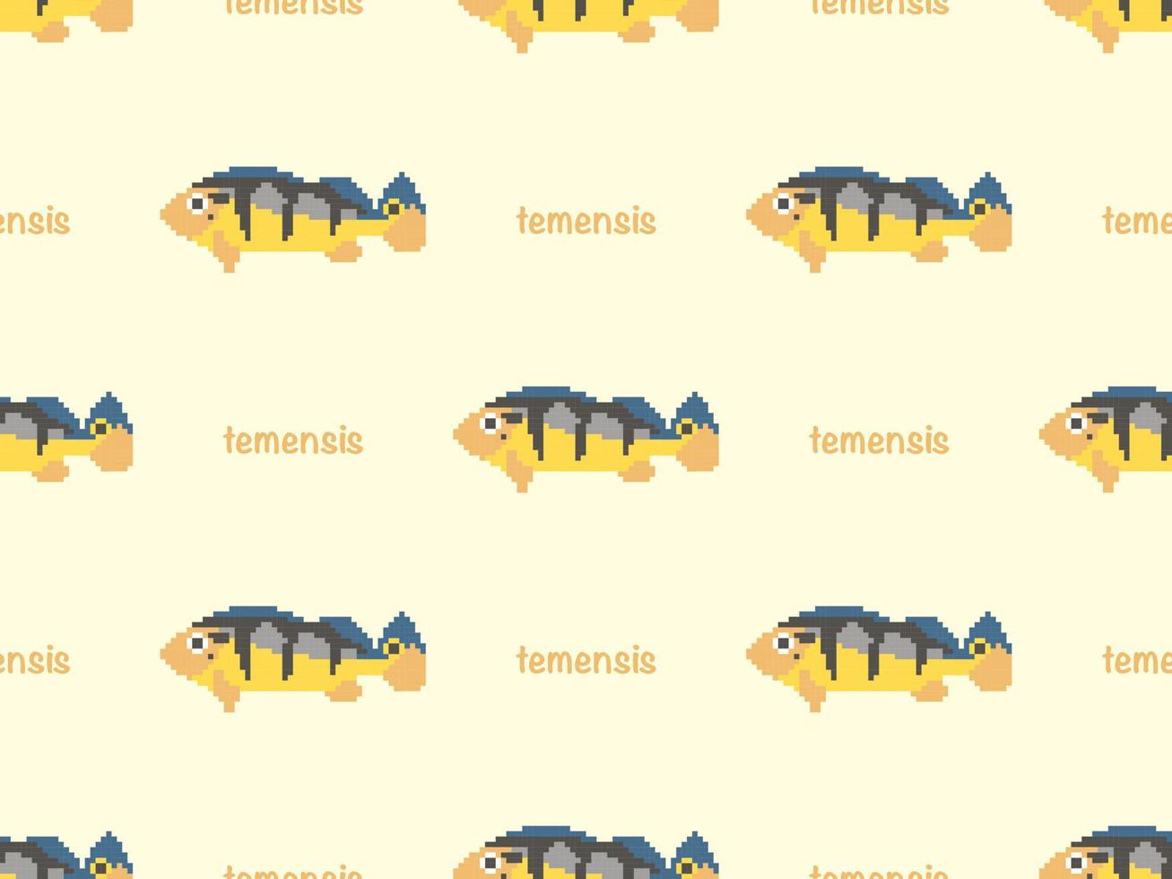 Fish cartoon character seamless pattern on yellow background. Pixel style vector