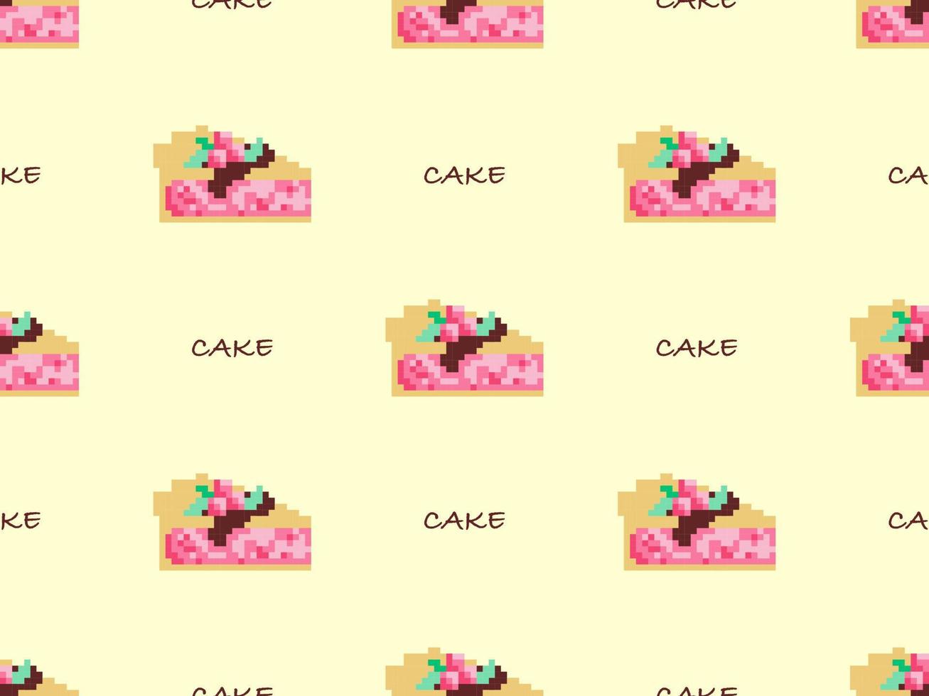 Cake cartoon character seamless pattern on yellow background. Pixel style vector