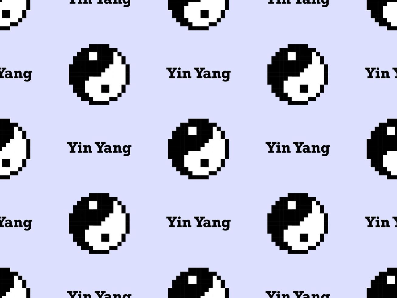 Yin yang cartoon character seamless pattern on blue background. Pixel style vector