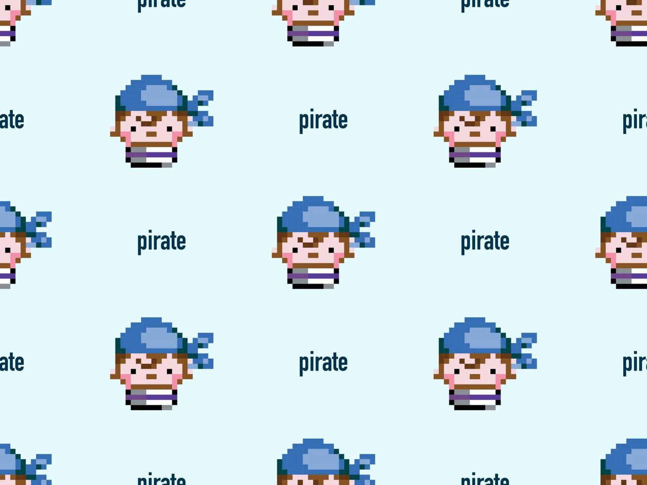 Pirate cartoon character seamless pattern on blue background. Pixel style vector