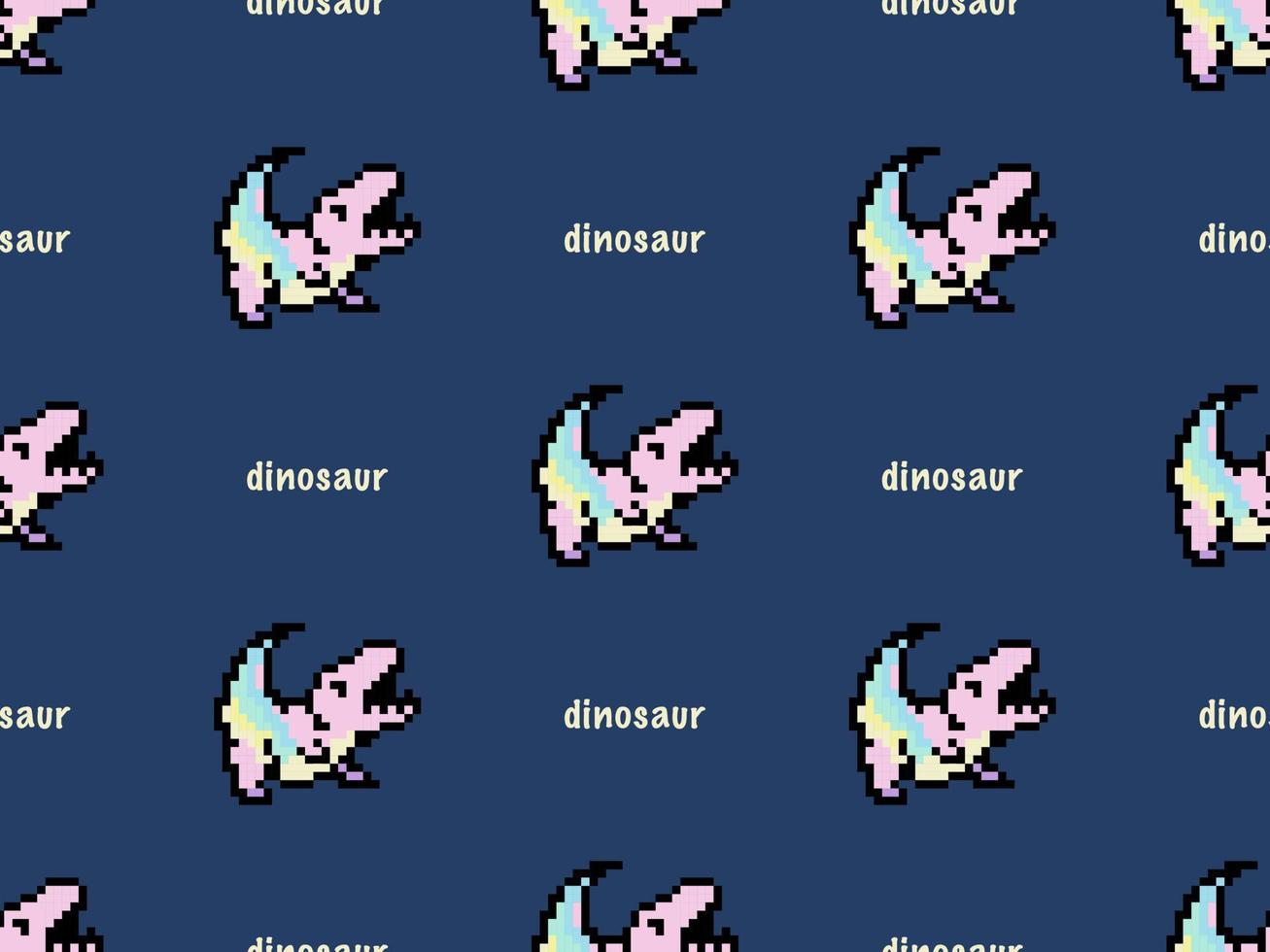 Dinosaur cartoon character seamless pattern on blue background. Pixel style vector