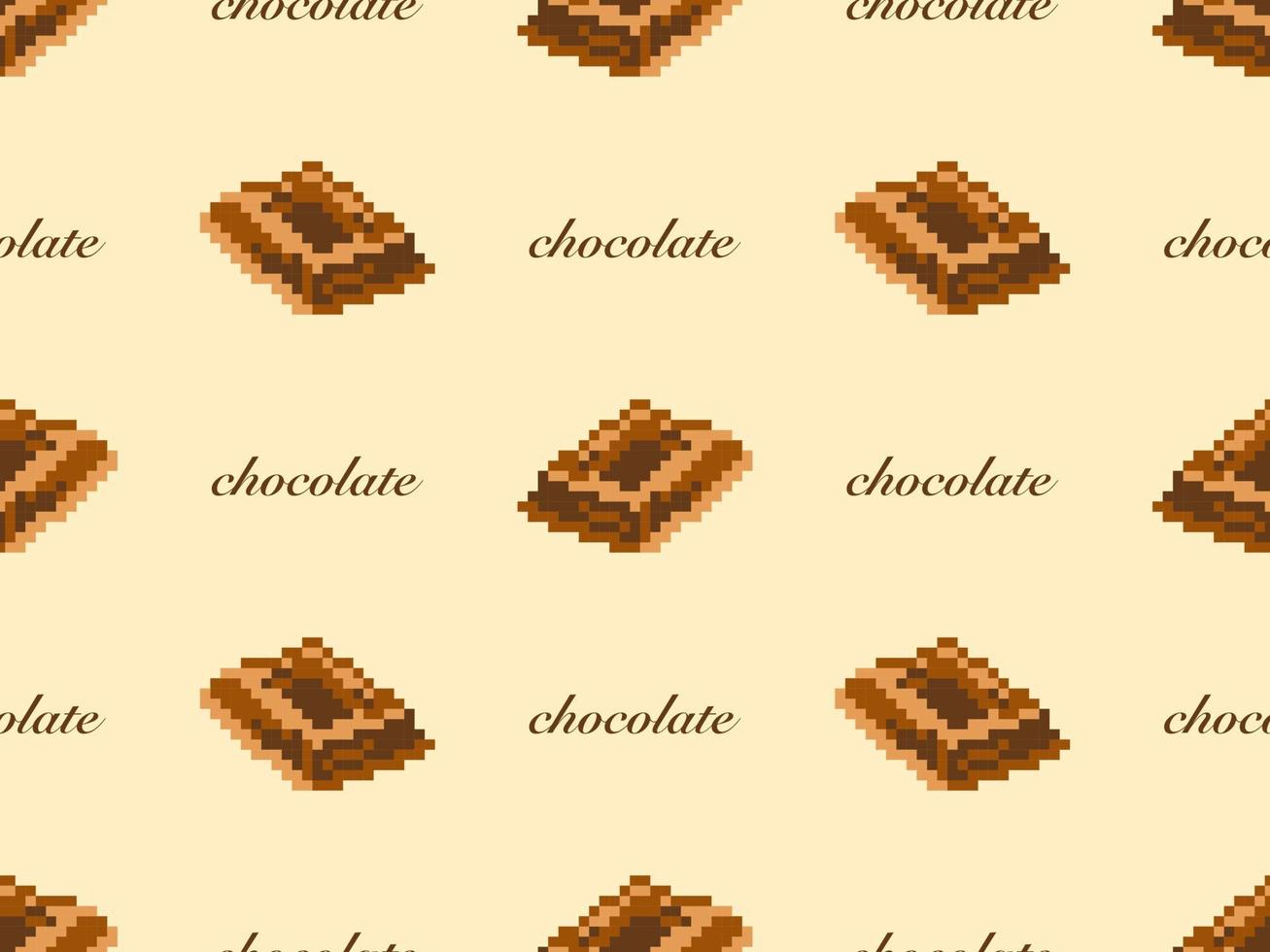Chocolate cartoon character seamless pattern on yellow background. Pixel style vector