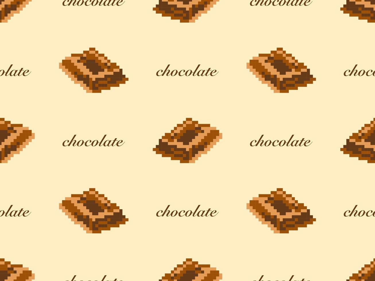 Chocolate cartoon character seamless pattern on yellow background. Pixel style vector