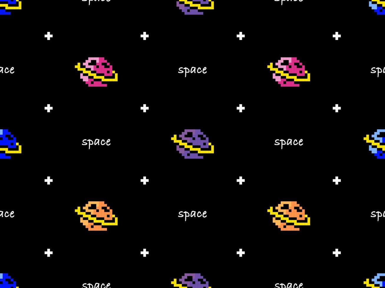 Space cartoon character seamless pattern on black background. Pixel style vector
