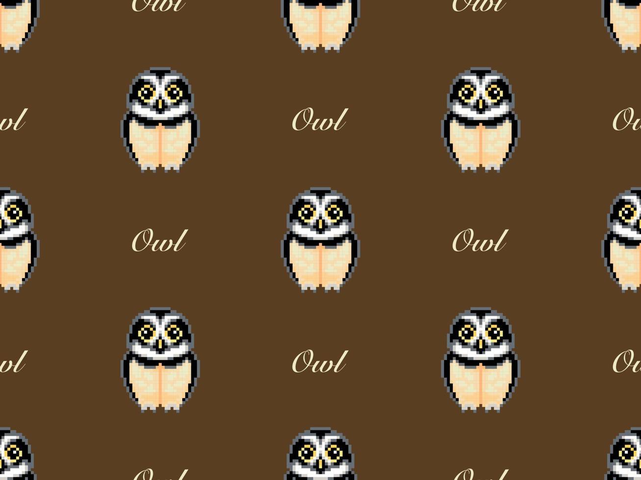 Owl cartoon character seamless pattern on brown background. Pixel style vector