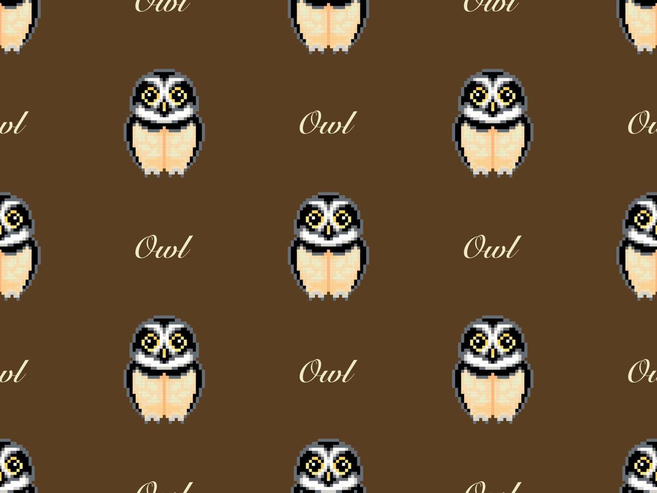 Owl cartoon character seamless pattern on brown background. Pixel style vector