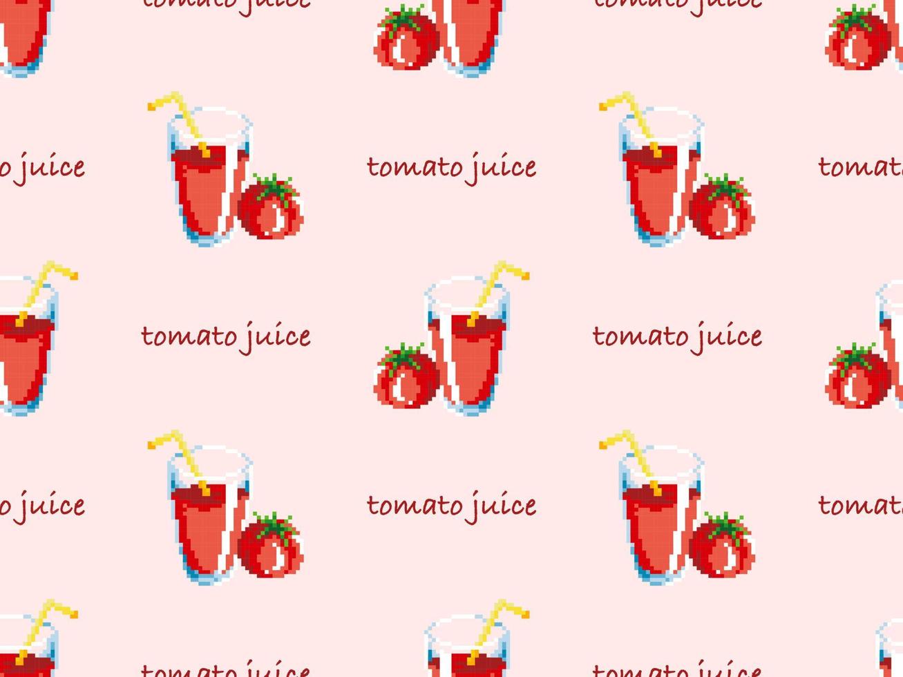 Tomato juice cartoon character seamless pattern on pink background. Pixel style vector