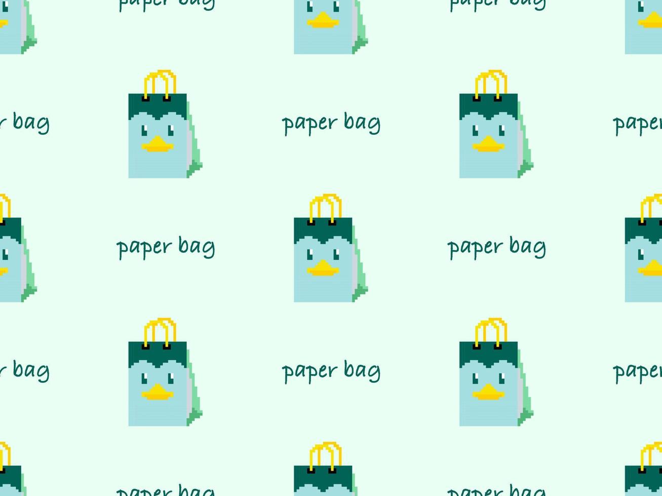 Paper bag cartoon character seamless pattern on green background. Pixel style vector