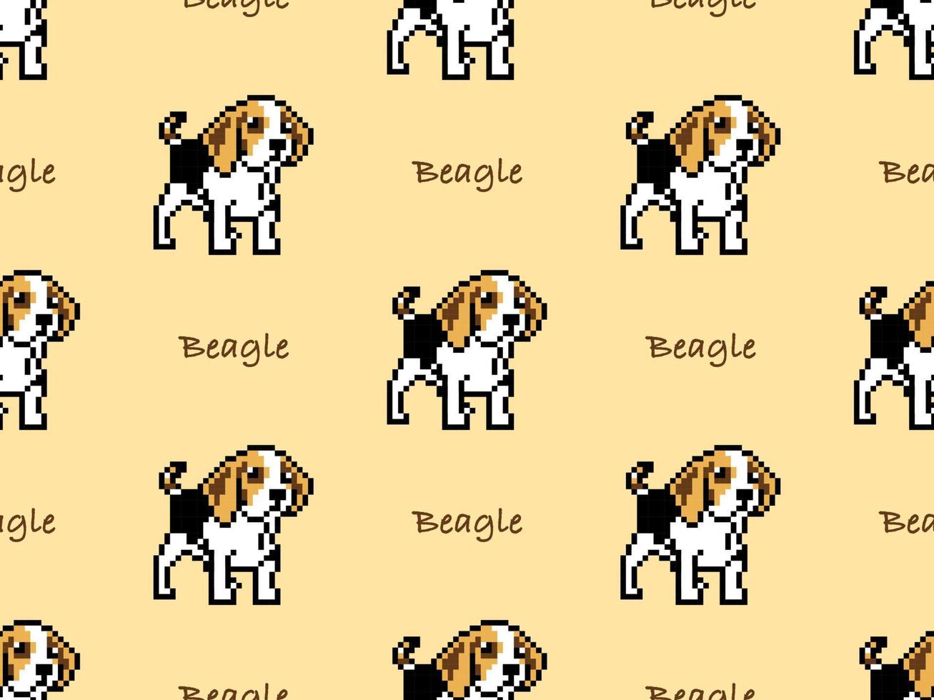 Beagle cartoon character seamless pattern on yellow background. Pixel style vector