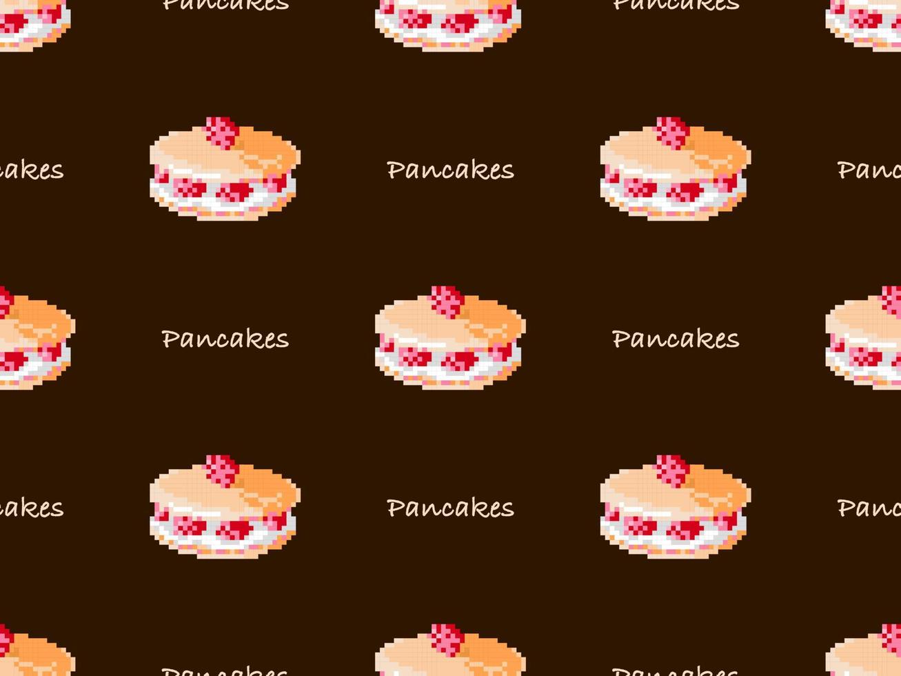 Pancake cartoon character seamless pattern on brown background. Pixel style vector