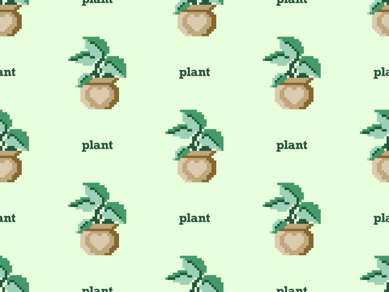 Plant cartoon character seamless pattern on green background. Pixel style vector