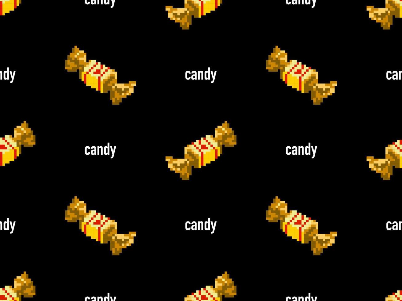 Candy cartoon character seamless pattern on black background. Pixel style vector
