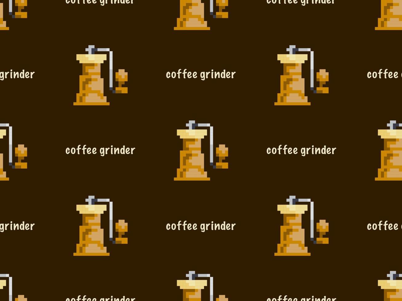 Coffee grinder cartoon character seamless pattern on brown background. Pixel style vector