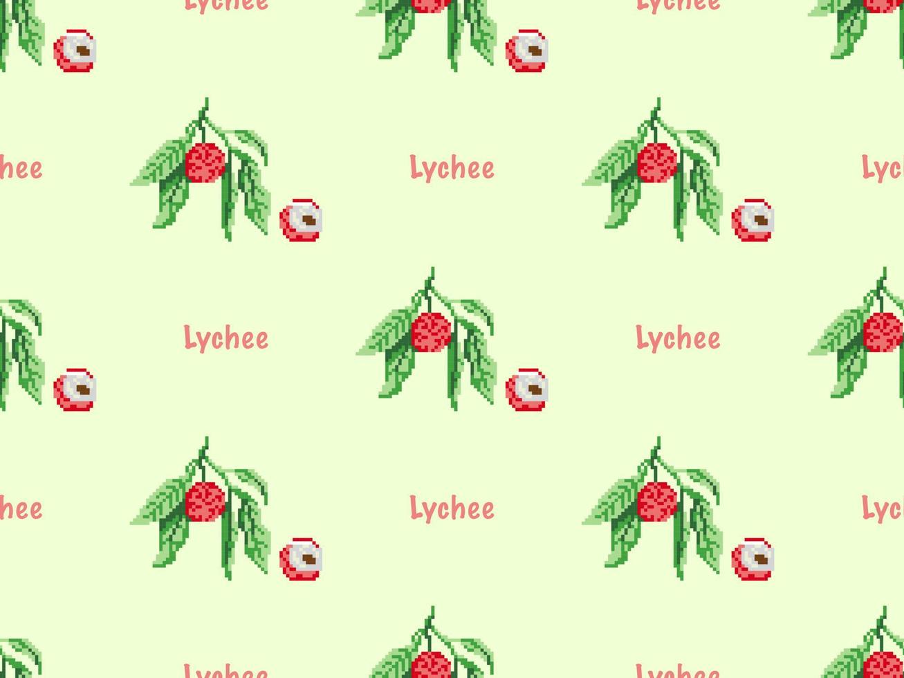 Lychee cartoon character seamless pattern on green background. Pixel style vector