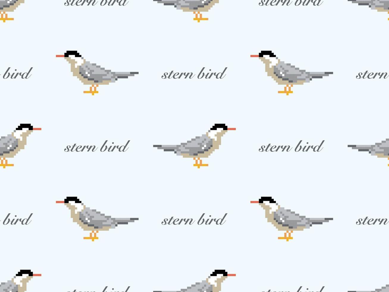 Stern bird cartoon character seamless pattern on blue background. Pixel style vector