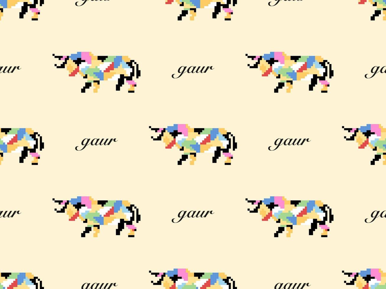 Gaur cartoon character seamless pattern on yellow background. Pixel style vector