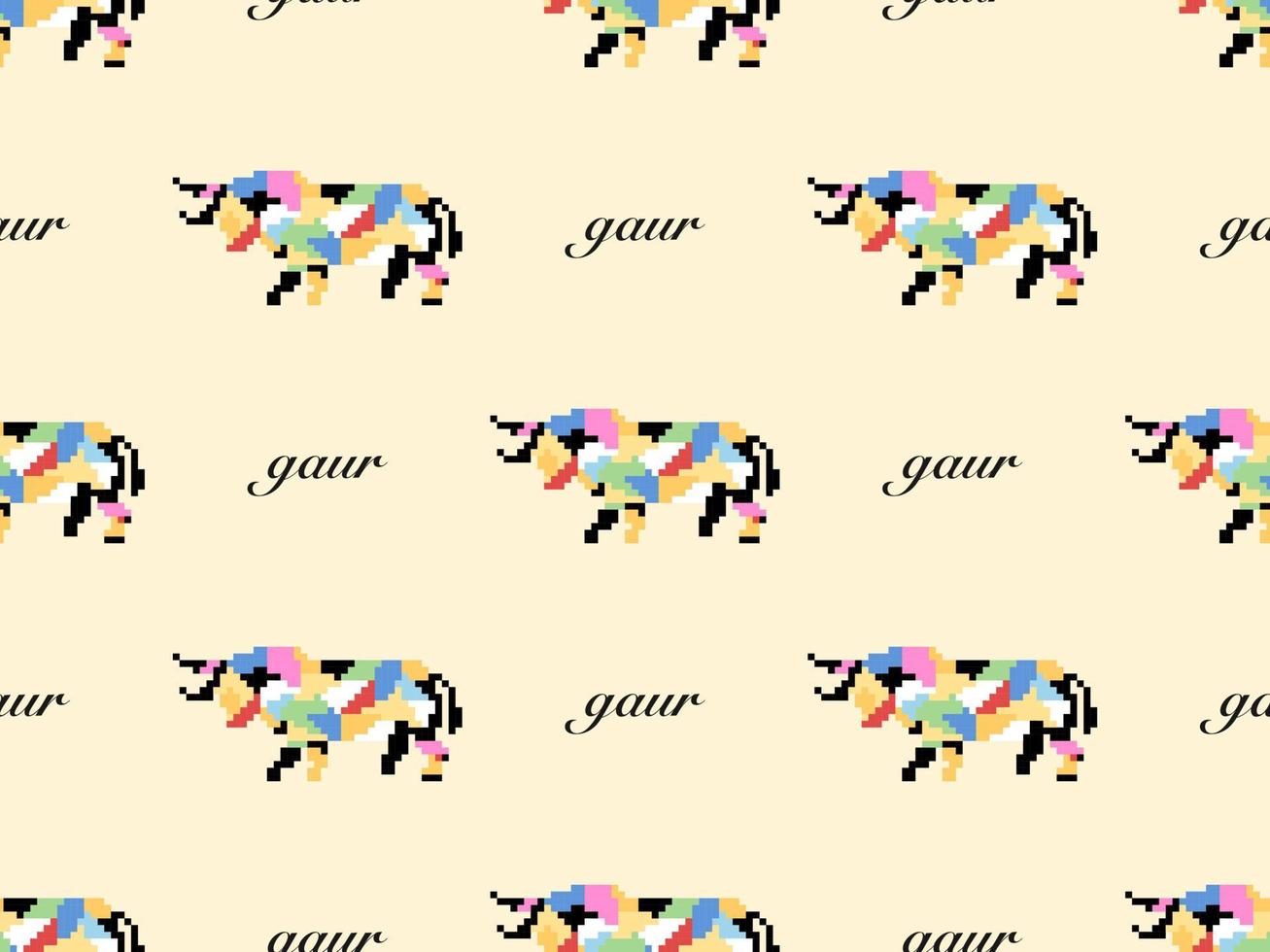 Gaur cartoon character seamless pattern on yellow background. Pixel style vector