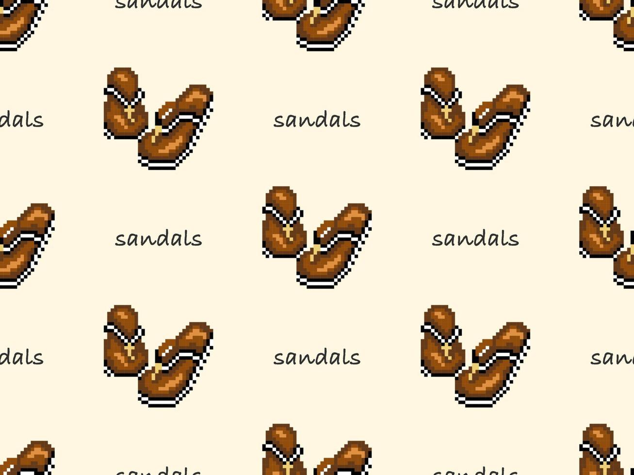 Sandals cartoon character seamless pattern on yellow background. Pixel style vector