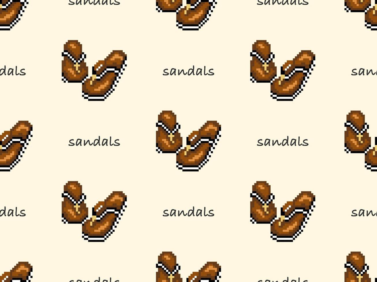 Sandals cartoon character seamless pattern on yellow background. Pixel style vector