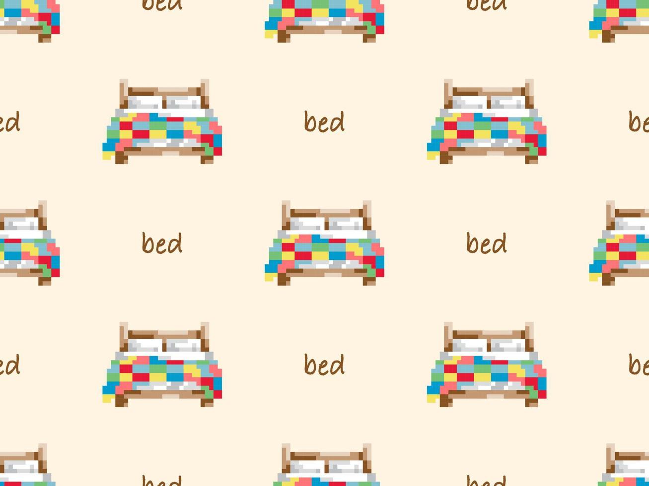 Bed cartoon character seamless pattern on yellow background. Pixel style vector