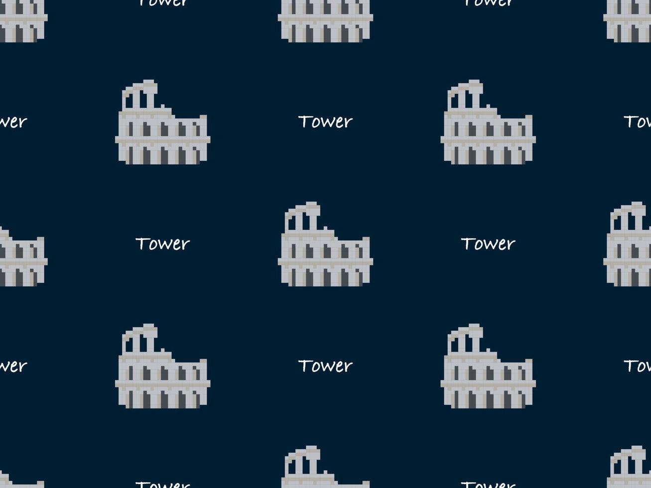 Tower cartoon character seamless pattern on blue background. Pixel style vector