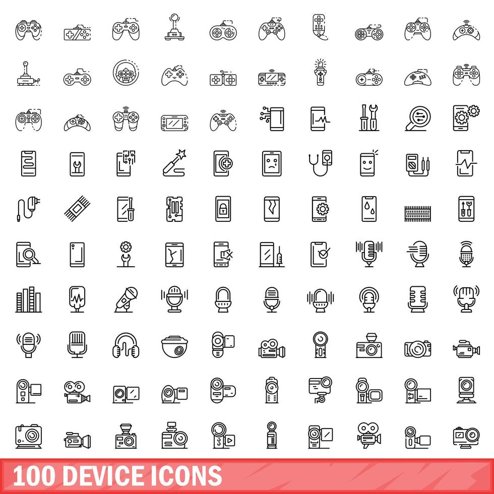 100 device icons set, outline style vector