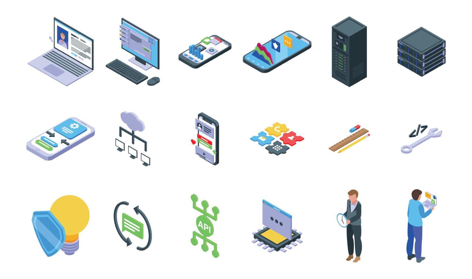 API icons set isometric vector. Computer develop code vector