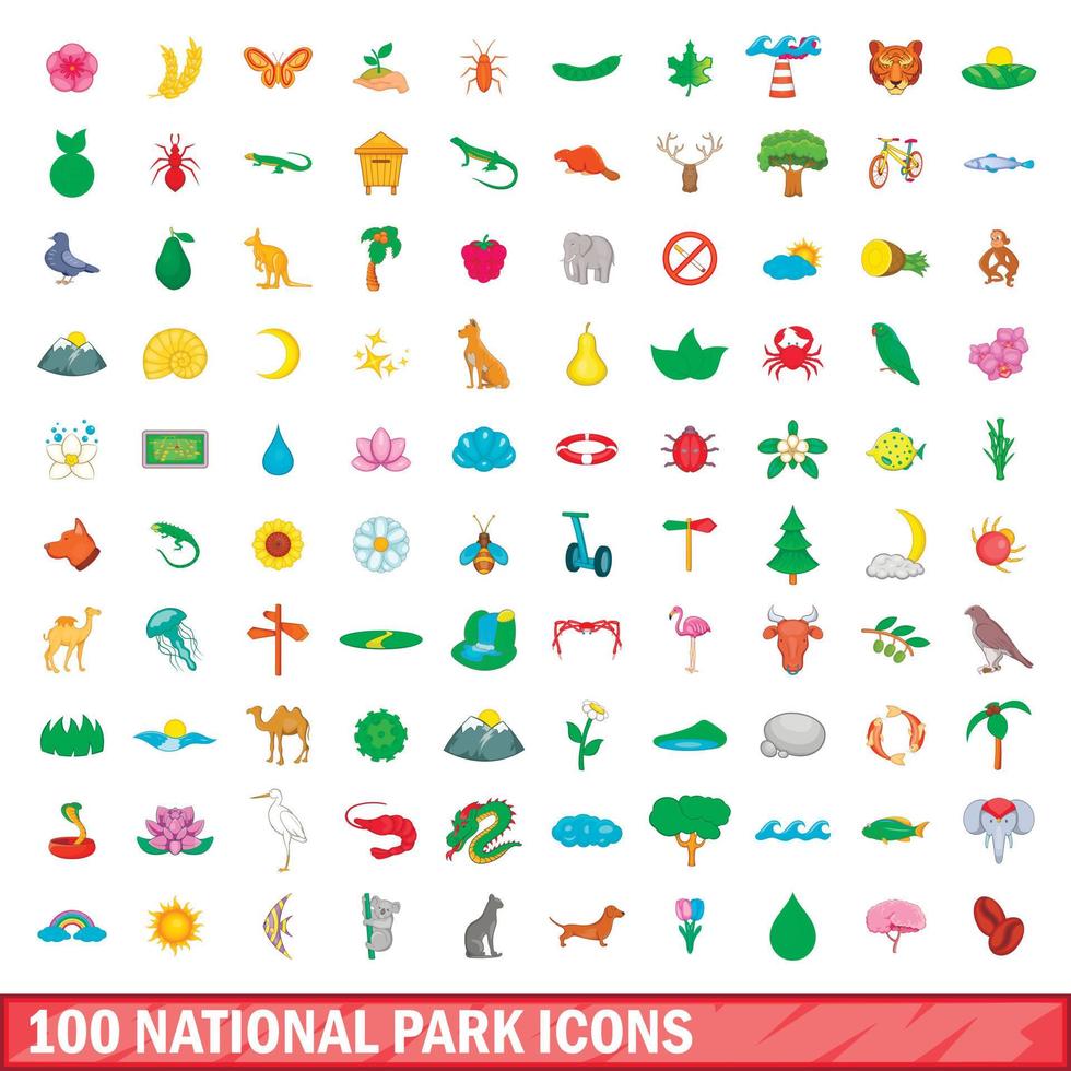 100 iconos de parque nacional, estilo de dibujos animados vector