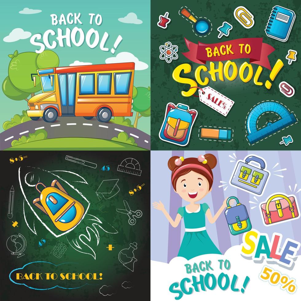 Back to school desk banner set, cartoon style vector