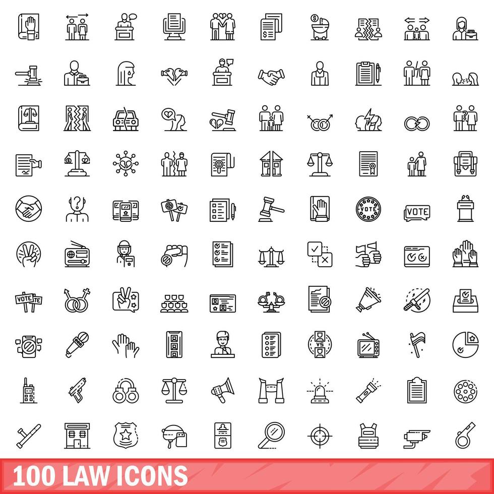 100 law icons set, outline style vector