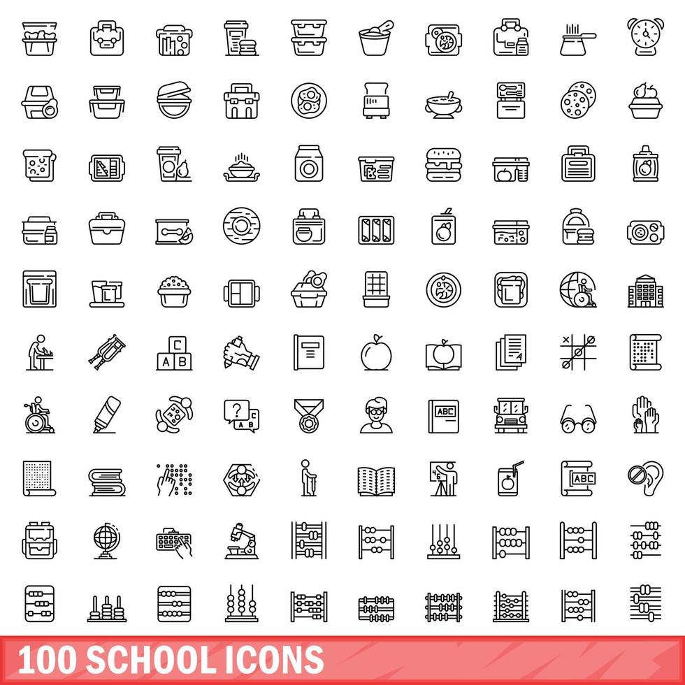 100 school icons set, outline style vector