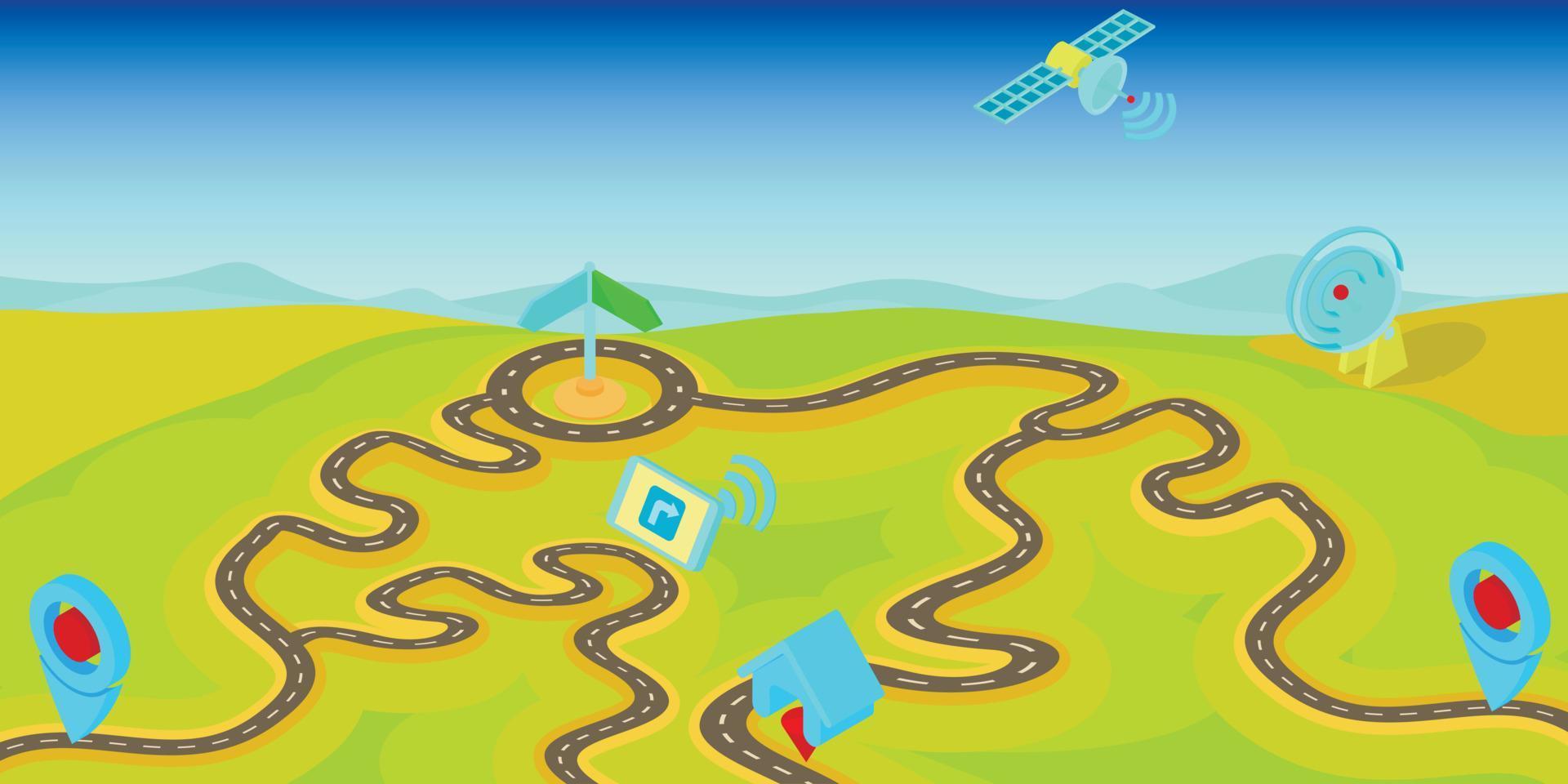 GPS navigation horizontal banner, cartoon style vector