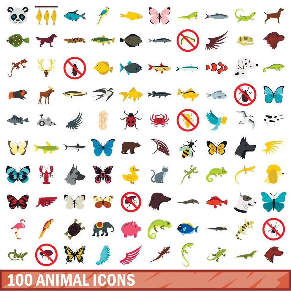 100 iconos de animales, estilo plano vector