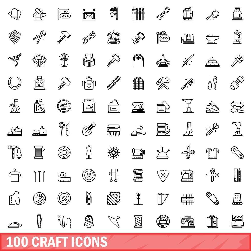 100 craft icons set, outline style vector