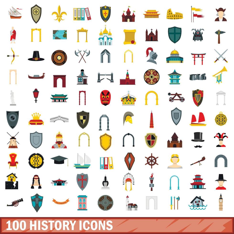 100 history icons set, flat style 8604310 Vector Art at Vecteezy