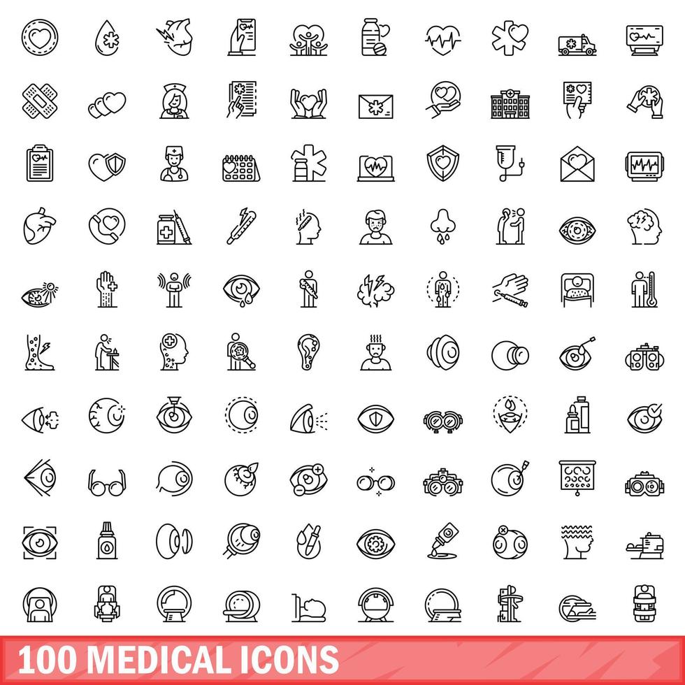 100 medical icons set, outline style vector