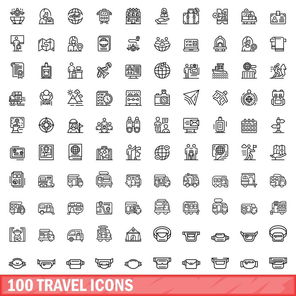 100 travel icons set, outline style vector