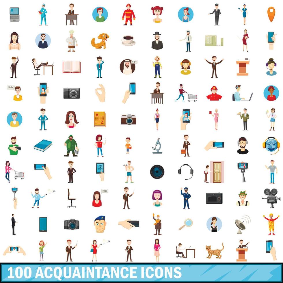 100 conocidos, conjunto de iconos de estilo de dibujos animados vector