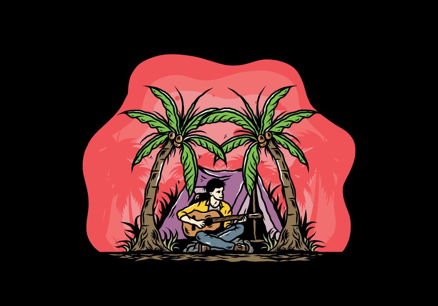 hombre con guitarra frente a la carpa entre la ilustración del árbol de coco vector