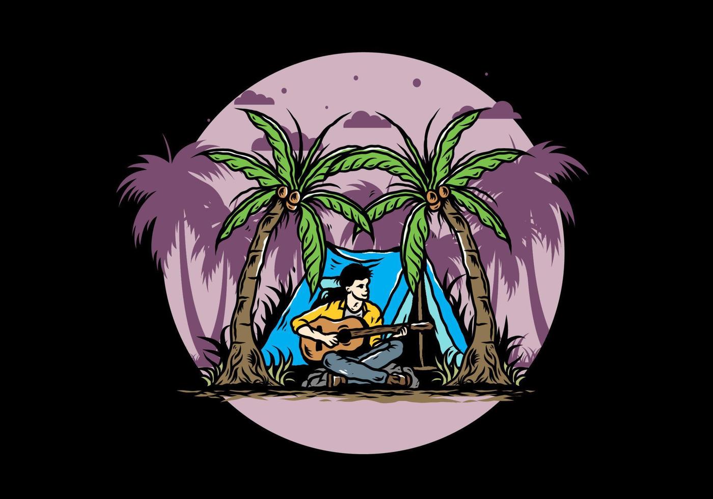 Man with guitar in front of tent between coconut tree illustration vector