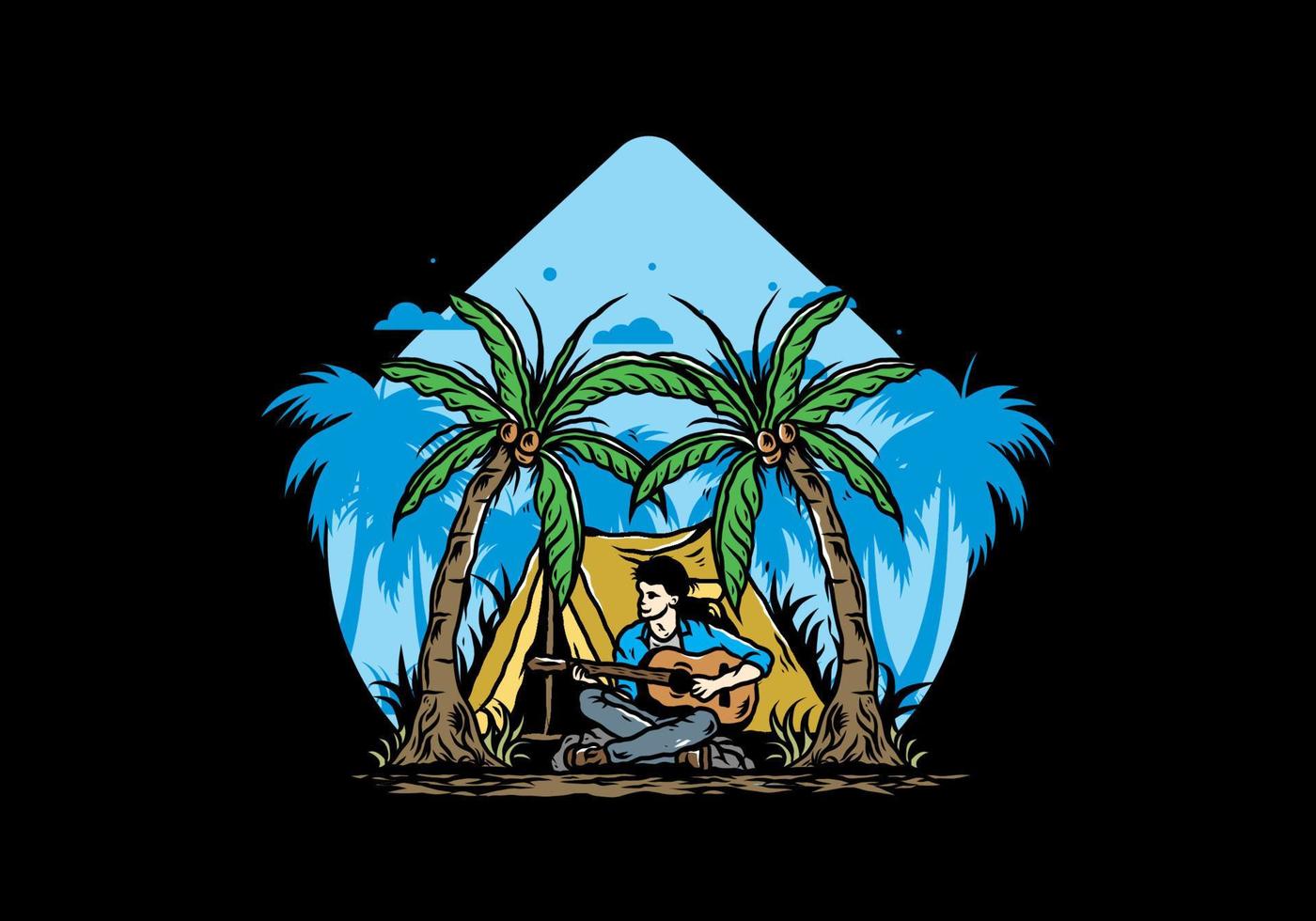 Man with guitar in front of tent between coconut tree illustration vector