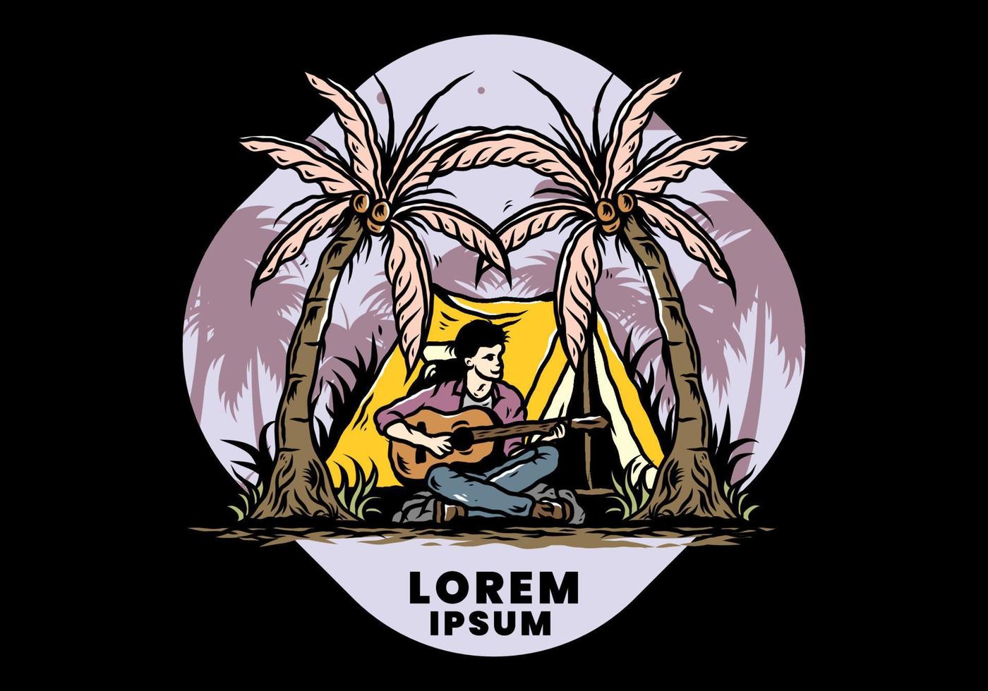 Man with guitar in front of tent between coconut tree illustration vector