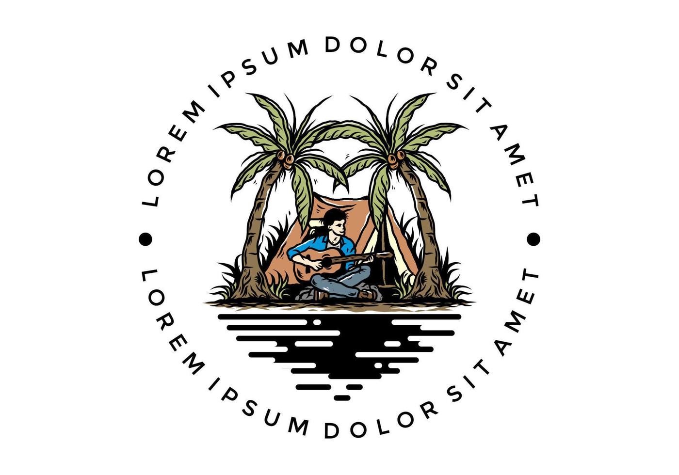 Man with guitar in front of tent between coconut tree illustration vector